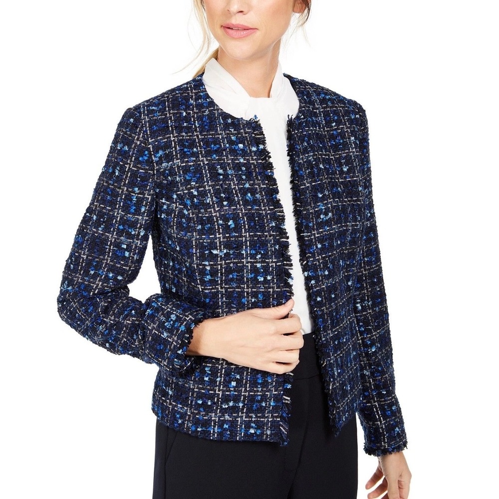 Calvin Klein Tweed Jacket Women 14P Blue Plaid Academic Open Front Cropped Lined